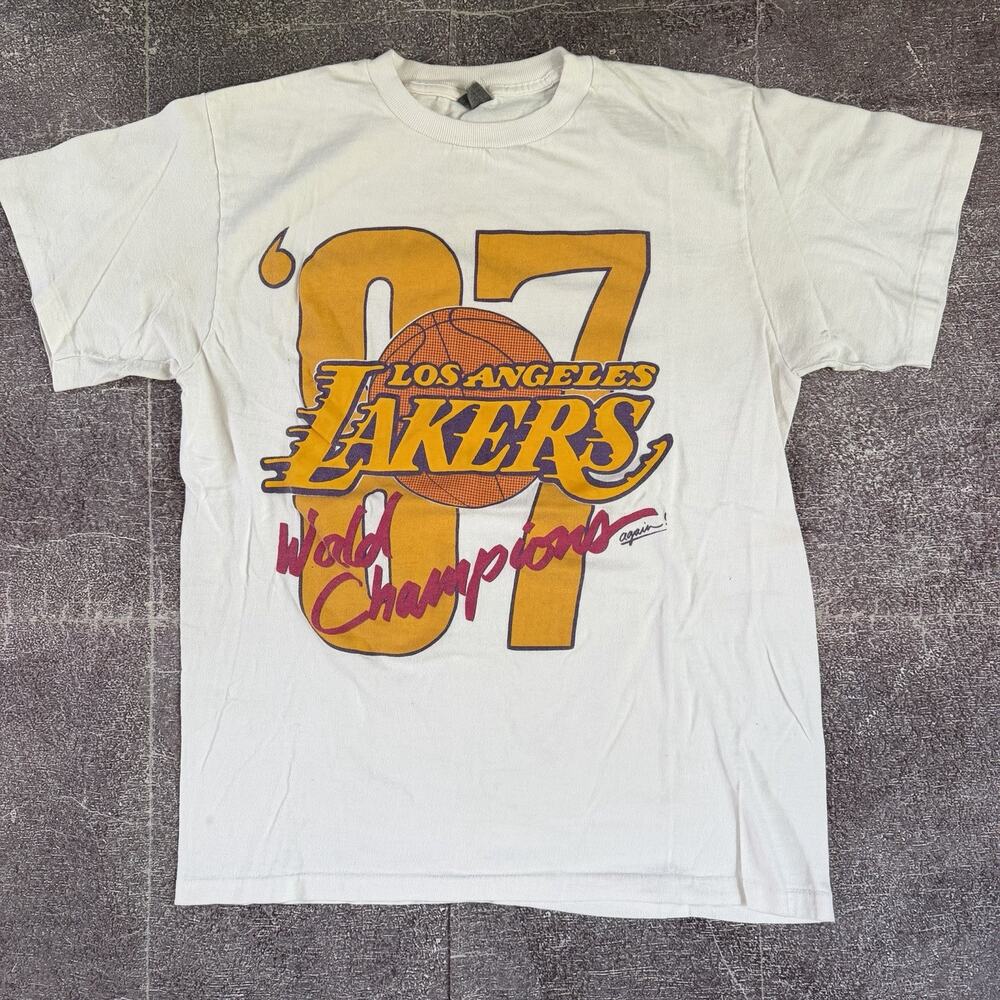 Men's Vintage 80s 1987 Los Angeles Lakers NBA World Champions Again T Shirt Sz L